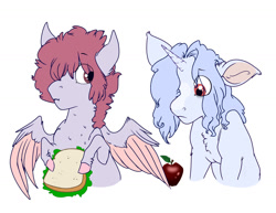 Size: 1280x987 | Tagged: safe, artist:honeypupdragon, imported from derpibooru, oc, oc only, oc:daydream, oc:moondust, pegasus, pony, unicorn, apple, colt, duo, foal, food, hair over one eye, hoof hold, magical lesbian spawn, male, offspring, parent:derpy hooves, parent:rainbow dash, parent:trixie, parent:unknown, parents:derpydash, sandwich, simple background, white background