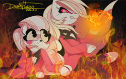 Size: 2559x1600 | Tagged: safe, artist:dawnflame, imported from derpibooru, demon, demon pony, earth pony, pony, charlie morningstar, female, fire, hazbin hotel, hell, mare, ponified, solo