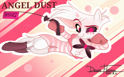 Size: 2560x1600 | Tagged: safe, artist:dawnflame, imported from derpibooru, arachnid, demon, demon pony, earth pony, pony, semi-anthro, spider, spiderpony, abstract background, angel dust (hazbin hotel), femboy, gold tooth, hazbin hotel, heterochromia, lying down, male, on side, ponified, solo, spider demon, toy gun, trap