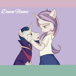 Size: 1600x1600 | Tagged: source needed, safe, artist:dawnflame, imported from derpibooru, chancellor neighsay, oc, oc:silence lavender, pony, unicorn, bipedal, crying, female, horn, looking at each other, looking at someone, male, mare, stallion, unicorn oc