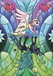 Size: 1748x2480 | Tagged: safe, artist:heatherberserker, imported from derpibooru, princess cadance, queen chrysalis, alicorn, changeling, changeling queen, pony, a canterlot wedding, clothes, dress, duo, female, mare, spread wings, stained glass window, wedding dress, wings