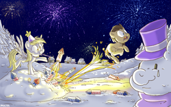 Size: 1280x800 | Tagged: safe, artist:imvicka, imported from derpibooru, derpy hooves, doctor whooves, time turner, earth pony, pegasus, pony, cute, derpabetes, duo, female, fireworks, happy new year, hat, holiday, male, mare, night, party hat, snow, snowpony, stallion, top hat, winter