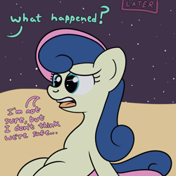 Size: 2000x2000 | Tagged: safe, artist:dafiltafish, imported from derpibooru, bon bon, sweetie drops, earth pony, pony, comic:day by day, beach, dialogue, female, high res, implied lyra, mare, night, offscreen character, open mouth, solo, stars, two toned mane