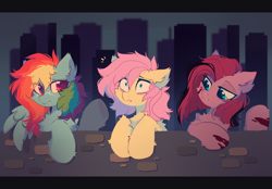 Size: 3300x2300 | Tagged: safe, artist:mirtash, imported from derpibooru, fluttershy, pinkie pie, rainbow dash, earth pony, pegasus, pony, fanfic:cupcakes, fanfic:rainbow factory, alternate hair color, alternate universe, blood, blood stains, cheek fluff, chest fluff, ear fluff, fanfic art, female, fluffy, hoof fluff, looking at someone, mare, messy mane, multicolored hair, pinkamena diane pie, rainbow hair, scar, scared, skyscraper, trio, two toned mane, underhoof, wall, wings