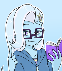 Size: 640x740 | Tagged: safe, artist:batipin, imported from derpibooru, trixie, equestria girls, blue background, book, cute, cute little fangs, fangs, female, glasses, looking at you, multiple variants, simple background, smiling, solo