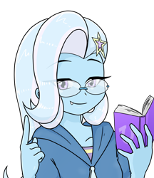 Size: 640x740 | Tagged: safe, alternate version, artist:batipin, imported from derpibooru, trixie, equestria girls, book, cute, cute little fangs, fangs, female, glasses, looking at you, multiple variants, simple background, smiling, solo, transparent background