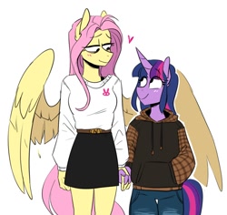 Size: 940x888 | Tagged: safe, artist:redxbacon, imported from derpibooru, fluttershy, twilight sparkle, anthro, pegasus, unicorn, blouse, blushing, clothes, cute, female, heart, height difference, holding hands, hoodie, jeans, lesbian, lidded eyes, pants, shipping, shyabetes, simple background, skirt, smiling, spread wings, tallershy, twiabetes, twishy, white background, winghug, wings