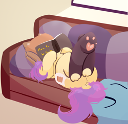 Size: 1654x1606 | Tagged: safe, artist:rhythmpixel, imported from derpibooru, oc, oc:paper bag, pony, blanket, chest fluff, clothes, couch, dock, fake cutie mark, hockless socks, lineless, paw pads, paw socks, reading, socks, solo, tail