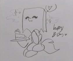 Size: 2048x1712 | Tagged: safe, artist:nootaz, imported from derpibooru, oc, oc:paper bag, cake, food, happy birthday, heart, paper bag, sketch