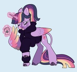 Size: 2600x2400 | Tagged: safe, artist:loryska, imported from derpibooru, twilight sparkle, alicorn, pony, alternate hairstyle, blue background, clothes, cloven hooves, coffee, coffee cup, colored wings, cup, eyes closed, februpony, glasses, gradient wings, hoodie, leonine tail, levitation, magic, round glasses, simple background, solo, spread wings, sweater, tail, telekinesis, twilight sparkle (alicorn), wings, yawn