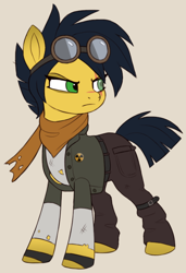 Size: 536x783 | Tagged: safe, artist:luminousdazzle, derpibooru exclusive, imported from derpibooru, oc, oc only, oc:radioactive rain, earth pony, pony, angry, blind eye, clothes, colored, colored sketch, design, female, flat colors, frown, goggles, grumpy, looking away, mare, pants, post nuclear, redesign, scar, scarf, simple background, solo
