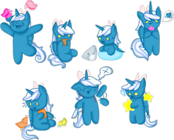 Size: 1707x1379 | Tagged: safe, artist:fancy-graphics, imported from derpibooru, oc, oc:fleurbelle, alicorn, bird, butterfly, shark, adorabelle, alicorn oc, blood, blushing, bow, chibi, cookie, cute, ears back, eating, female, flower, food, hair bow, heart, horn, knife, mare, ocbetes, simple background, speech bubble, stars, sweat, swimming, transparent background, wings