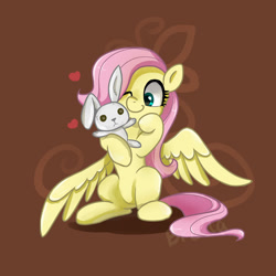Size: 1280x1280 | Tagged: safe, artist:brella, imported from derpibooru, fluttershy, pegasus, pony, brown background, bunny plushie, cute, doll, female, filly, filly fluttershy, floating heart, heart, holding, looking at something, mare, one eye closed, plushie, shyabetes, simple background, sitting, smiling, solo, spread wings, toy, wings, wings down, younger