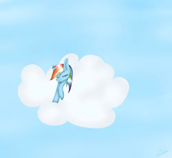 Size: 2558x2345 | Tagged: safe, artist:maneblue, imported from derpibooru, rainbow dash, pegasus, pony, blue background, cloud, female, mare, on a cloud, simple background, sleeping, solo