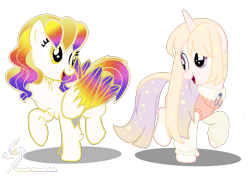 Size: 1700x1200 | Tagged: safe, artist:galeemlightseraphim, imported from derpibooru, oc, oc only, oc:galeem light, oc:glistening stars, pegasus, pony, unicorn, base used, clothes, duo, duo female, ethereal mane, eyelashes, female, folded wings, hoof fluff, hooves, horn, looking back, mare, open mouth, open smile, pegasus oc, raised hoof, raised leg, shadow, show accurate, signature, simple background, smiling, standing, standing on two hooves, starry mane, transparent background, unicorn oc, wings