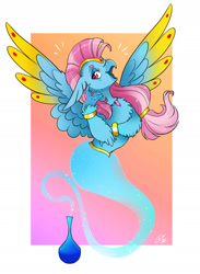 Size: 1592x2177 | Tagged: safe, artist:opalacorn, imported from derpibooru, oc, oc only, oc:wishgriff, classical hippogriff, genie, hippogriff, bottle, bracelet, circlet, female, floating, gradient background, jewelry, looking at you, passepartout, raffle prize, simple background, smiling, smiling at you, solo, spread wings, wing jewelry, wings