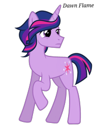 Size: 1242x1660 | Tagged: safe, artist:dawnflame, imported from derpibooru, twilight sparkle, pony, unicorn, dusk shine, female to male, full body, hooves, horn, looking back, male, multicolored mane, multicolored tail, raised hoof, rule 63, show accurate, signature, simple background, solo, stallion, standing, tail, transparent background, unicorn twilight