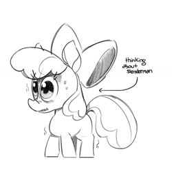 Size: 1342x1342 | Tagged: safe, artist:kylesmeallie, imported from derpibooru, apple bloom, earth pony, pony, female, filly, foal, grayscale, monochrome, nervous, scared, shaking, solo, sweat