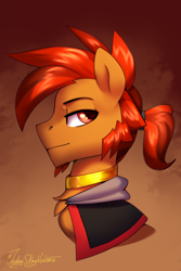 Size: 2000x3000 | Tagged: safe, artist:jedayskayvoker, imported from derpibooru, oc, oc:st anger, pony, beard, bust, cape, clothes, colored, colored sketch, facial hair, full color, goatee, icon, looking at you, male, ponytail, portrait, sketch, solo, stallion