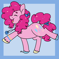 Size: 1000x1000 | Tagged: safe, artist:/d/non, imported from derpibooru, pinkie pie, earth pony, pony, bow, bracelet, colored hooves, confetti, curly hair, februpony, female, freckles, hair bow, jewelry, mare, necklace, open mouth, pink hair, raised leg, simple background, tail, tied tail