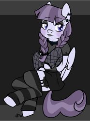 Size: 747x1002 | Tagged: safe, artist:/d/non, imported from derpibooru, inky rose, pegasus, pony, blue eyes, blushing, braid, clothes, ear piercing, eyeshadow, februpony, female, fishnets, goth, gray background, lipstick, makeup, mare, piercing, purple hair, simple background, skirt, socks, wings