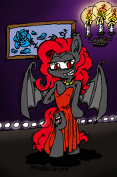 Size: 1120x1686 | Tagged: safe, artist:andreu-t, imported from derpibooru, oc, oc only, oc:blood night, bat pony, pony, semi-anthro, bat pony oc, bipedal, clothes, dress, female, solo