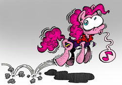 Size: 1516x1064 | Tagged: safe, artist:andreu-t, imported from derpibooru, pinkie pie, earth pony, pony, alternate cutie mark, female, gradient background, jumping, solo, whistling