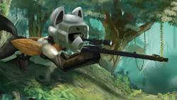 Size: 3840x2160 | Tagged: safe, artist:naafreelanceartist, imported from derpibooru, oc, oc only, pegasus, pony, aiming, armor, gun, helmet, lying down, ponified, prone, rifle, scout trooper, solo, star wars, tree, weapon