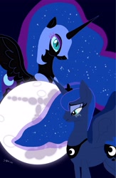 Size: 3000x4615 | Tagged: safe, artist:sarahthefox97, imported from derpibooru, nightmare moon, princess luna, alicorn, pony, duo, female, inner demons, mare in the moon, moon, sad