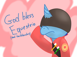 Size: 950x700 | Tagged: safe, artist:kanw, derpibooru exclusive, imported from derpibooru, minuette, pony, unicorn, crossover, helmet, salute, simple background, soldier, solo, team fortress 2, text, toothbrush