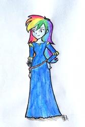 Size: 1616x2423 | Tagged: safe, artist:fude-chan-art, imported from derpibooru, rainbow dash, equestria girls, arrow, clothes, dress, female, full body, hand on hip, quiver, raised eyebrow, simple background, smiling, solo, standing, three quarter view, traditional art, white background