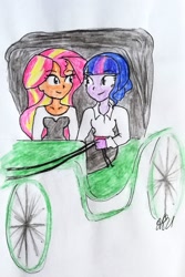 Size: 1499x2249 | Tagged: safe, artist:fude-chan-art, imported from derpibooru, sunset shimmer, twilight sparkle, equestria girls, duo, female, stagecoach, traditional art