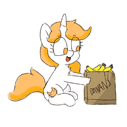 Size: 768x768 | Tagged: safe, artist:cherro, imported from derpibooru, oc, oc only, oc:kitty kit, pony, unicorn, banana, female, food, herbivore, solo