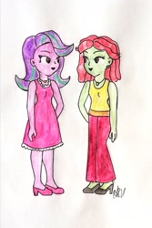 Size: 1616x2422 | Tagged: safe, artist:fude-chan-art, imported from derpibooru, starlight glimmer, tree hugger, equestria girls, clothes, duo, female, lesbian, shipping, starhugger, traditional art