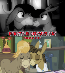 Size: 1280x1440 | Tagged: safe, artist:not-yet-a-brony, edit, edited screencap, imported from derpibooru, screencap, cranky doodle donkey, matilda, donkey, a friend in deed, slice of life (episode), 2022, black and white, crankilda, february, female, gazing, grayscale, hearts and hooves day, holiday, husband and wife, i wonder, looking at each other, looking at someone, louis armstrong, lyrics in the description, male, monochrome, nuzzling, older, shipping, smiling, smiling at each other, song reference, straight, then and now, valentine's day, younger, youtube link in the description