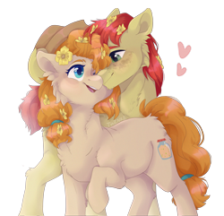 Size: 5479x5286 | Tagged: safe, artist:twinkesus, imported from derpibooru, bright mac, pear butter, earth pony, pony, cheek fluff, chest fluff, duo, ear fluff, female, flower, flower in hair, heart, male, shipping, simple background, straight, transparent background