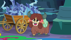 Size: 1280x720 | Tagged: safe, imported from derpibooru, screencap, yona, yak, season 9, uprooted, spoiler:s09, cave of harmony, cloven hooves, cute, fence, happy, monkey swings, solo, yonadorable