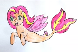 Size: 3143x2095 | Tagged: safe, artist:fude-chan-art, imported from derpibooru, sunset shimmer, seapony (g4), female, seaponified, solo, species swap, traditional art