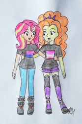 Size: 1455x2182 | Tagged: safe, artist:fude-chan-art, imported from derpibooru, adagio dazzle, sunset shimmer, equestria girls, bisexual pride flag, clothes, duo, female, lesbian, pride, pride flag, shipping, sunsagio, traditional art