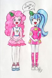 Size: 1616x2423 | Tagged: safe, artist:fude-chan-art, imported from derpibooru, pinkie pie, sonata dusk, equestria girls, clothes, duo, female, lesbian, pinata (ship), shipping, traditional art