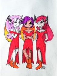 Size: 1616x2153 | Tagged: safe, artist:fude-chan-art, imported from derpibooru, apple bloom, scootaloo, sweetie belle, demon, equestria girls, clothes, cutie mark crusaders, dress, female, horns, traditional art, trio