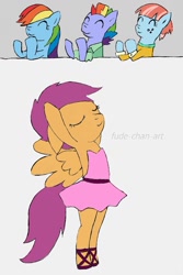 Size: 682x1023 | Tagged: safe, artist:fude-chan-art, imported from derpibooru, bow hothoof, rainbow dash, scootaloo, windy whistles, pegasus, pony, bipedal, clapping, clothes, eyes closed, female, solo, traditional art