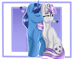 Size: 1280x1024 | Tagged: safe, artist:anastasiaplisetskaya, imported from derpibooru, night light, twilight velvet, pony, unicorn, abstract background, cheek kiss, duo, female, heart, kissing, male, mare, nightvelvet, one eye closed, shipping, sitting, stallion, standing, straight