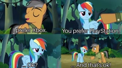 Size: 3464x1939 | Tagged: safe, edit, edited screencap, imported from derpibooru, screencap, quibble pants, rainbow dash, earth pony, pegasus, pony, stranger than fan fiction, female, male, parody, playstation, positive message, scene parody, wings, xbox