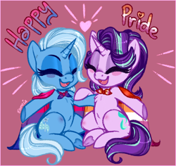 Size: 622x588 | Tagged: safe, artist:esmeia, imported from derpibooru, starlight glimmer, trixie, pony, unicorn, bisexual pride flag, blushing, cape, chest fluff, clothes, cute, duo, eyes closed, female, happy, heart, lesbian, lesbian pride flag, pride, pride flag, shipping, smiling, startrix, underhoof