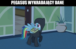 Size: 610x392 | Tagged: safe, edit, edited screencap, imported from derpibooru, screencap, rainbow dash, pegasus, pony, read it and weep, book, catsuit, female, hospital, mare, mouth hold, pegasus (spyware), polish, politics