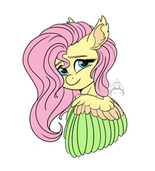 Size: 1280x1408 | Tagged: safe, artist:will-owl-the-wisp, imported from derpibooru, fluttershy, pegasus, pony, bust, colored wings, ear fluff, februpony, female, looking at you, mare, multicolored wings, simple background, smiling, solo, three quarter view, white background, wings