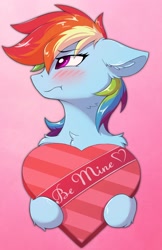 Size: 1240x1915 | Tagged: safe, artist:wolfypon, imported from derpibooru, rainbow dash, pegasus, pony, blushing, box of chocolates, cute, dashabetes, ear fluff, female, floppy ears, gradient background, holiday, mare, solo, tsunderainbow, tsundere, valentine's day, ych example, your character here