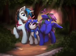 Size: 2048x1522 | Tagged: safe, artist:teta, imported from derpibooru, oc, oc only, oc:lishka, oc:solar gizmo, butterfly, pegasus, pony, unicorn, clothes, female, filly, foal, forest, forest background, horn, male, mare, outdoors, pegasus oc, raised hoof, scarf, stallion, trio, unicorn oc, wings
