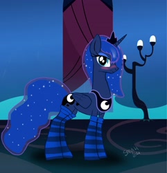 Size: 3000x3110 | Tagged: safe, artist:sarahthefox97, imported from derpibooru, princess luna, alicorn, pony, blushing, clothes, crown, embarrassed, female, folded wings, frown, high res, jewelry, looking at you, mare, peytral, regalia, signature, socks, solo, stockings, striped socks, thigh highs, wavy mouth, wings